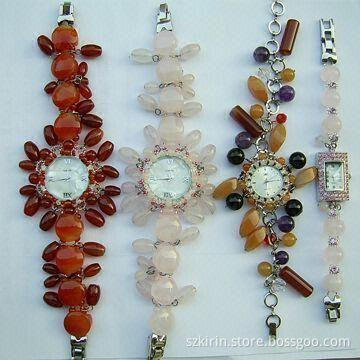 Jewelry Watch, Made of Natural Colorful Agate/Crystal, with Semi-precious Stone/Japan PC21 Movement
